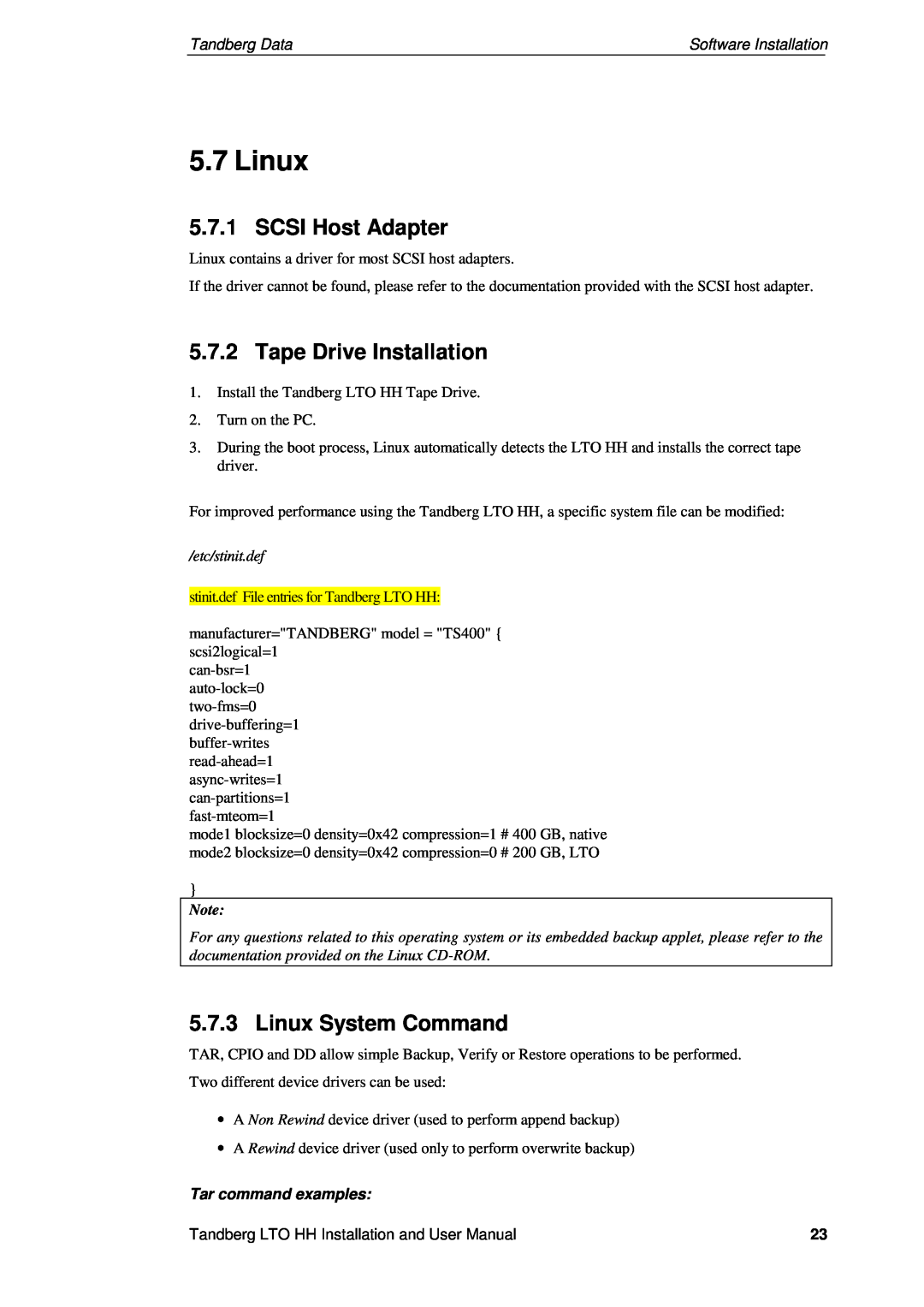 Tandberg Data LTO-3 HH SCSI Host Adapter, Tape Drive Installation, Linux System Command, etc/stinit.def, Tandberg Data 