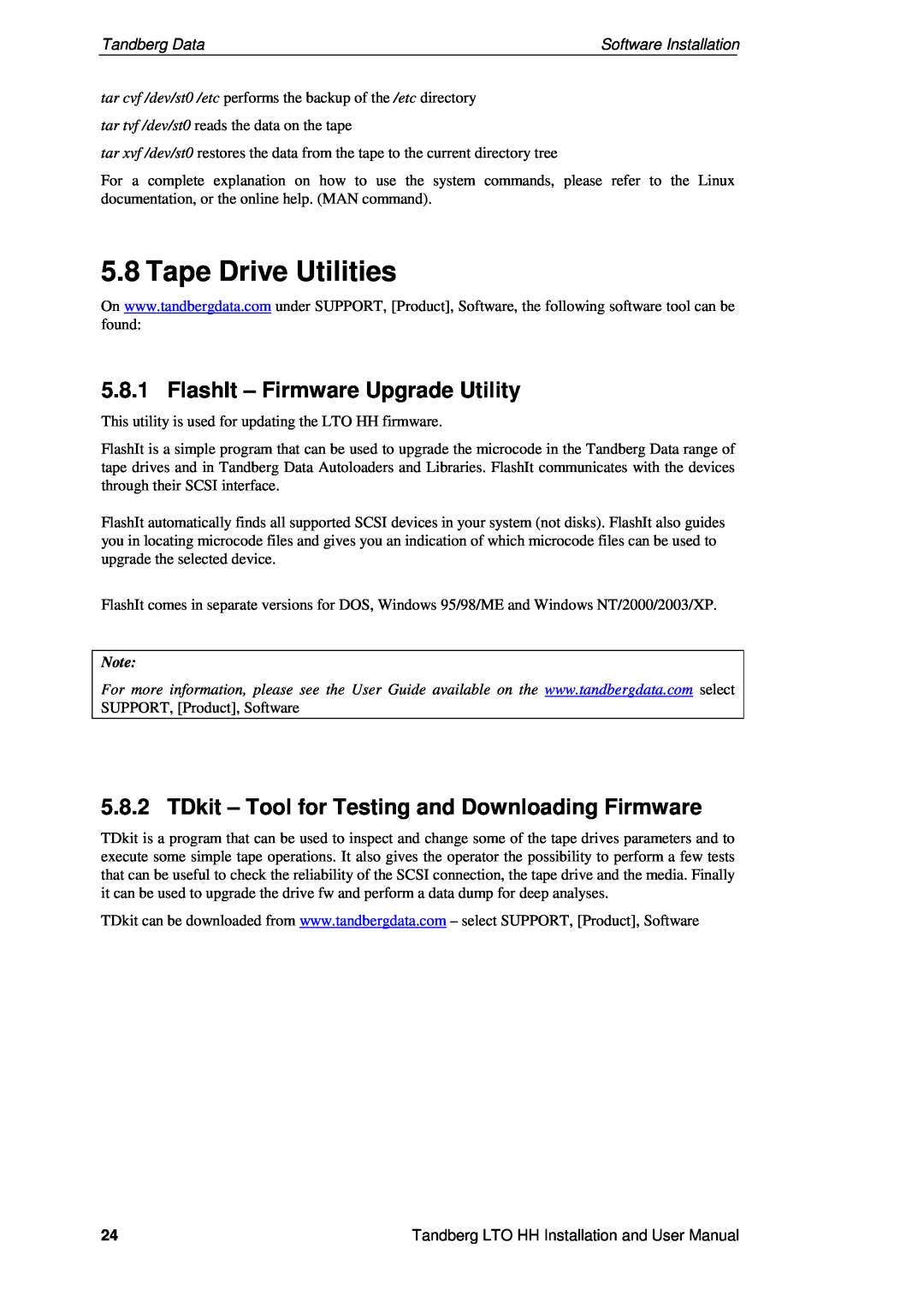 Tandberg Data LTO-2 HH Tape Drive Utilities, FlashIt - Firmware Upgrade Utility, Tandberg Data, Software Installation 