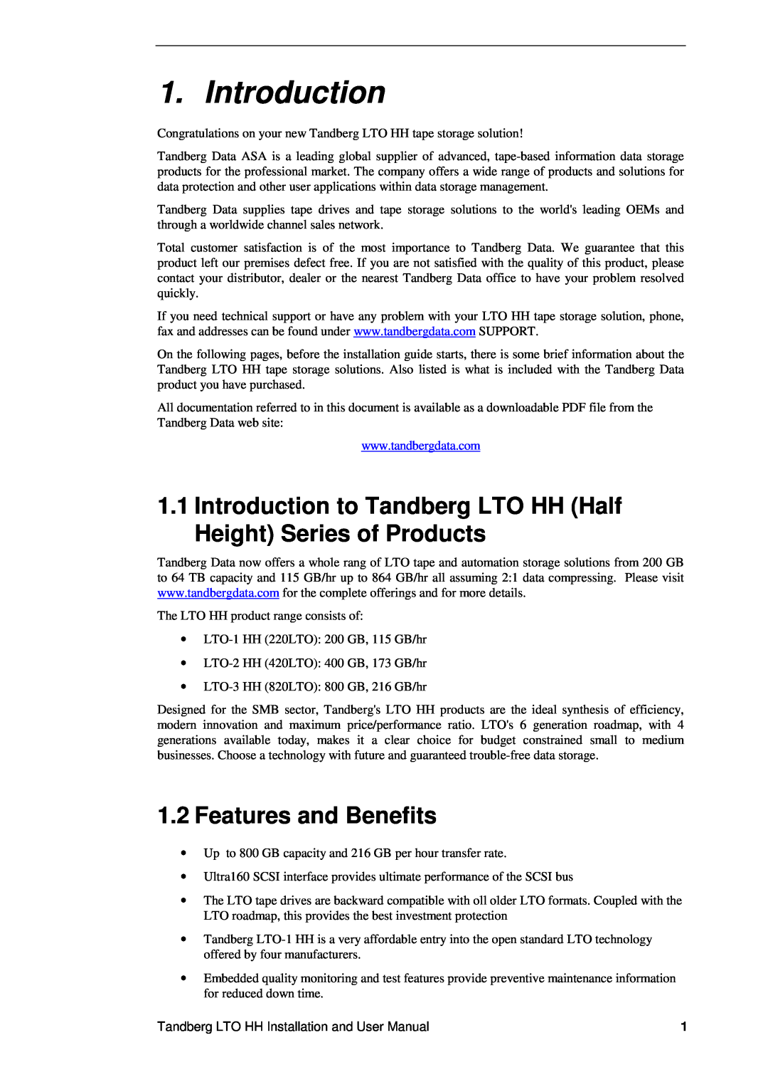 Tandberg Data LTO-1 HH, LTO-3 HH, LTO-2 HH user manual Introduction, Features and Benefits 