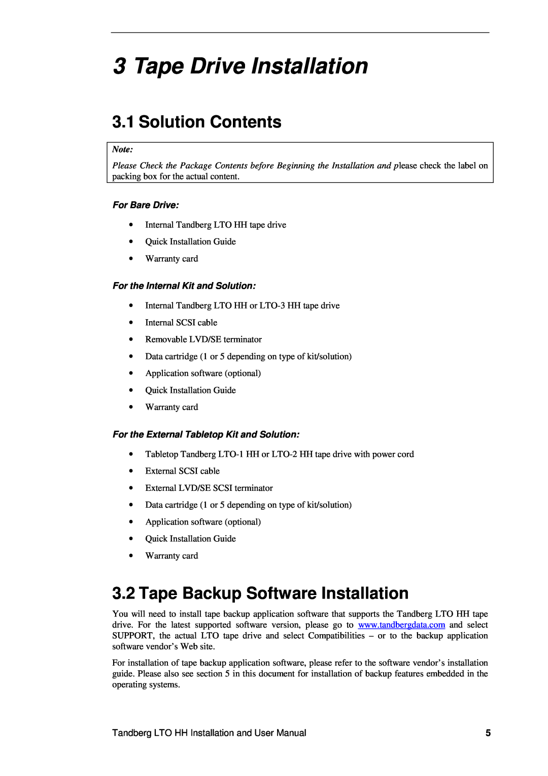 Tandberg Data LTO-3 HH, LTO-2 HH, LTO-1 HH Tape Drive Installation, Solution Contents, Tape Backup Software Installation 