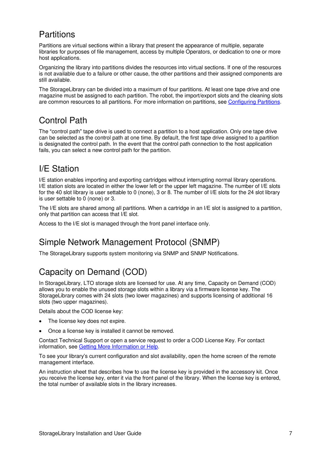 Tandberg Data T40 manual Partitions, Control Path, Station, Simple Network Management Protocol Snmp, Capacity on Demand COD 