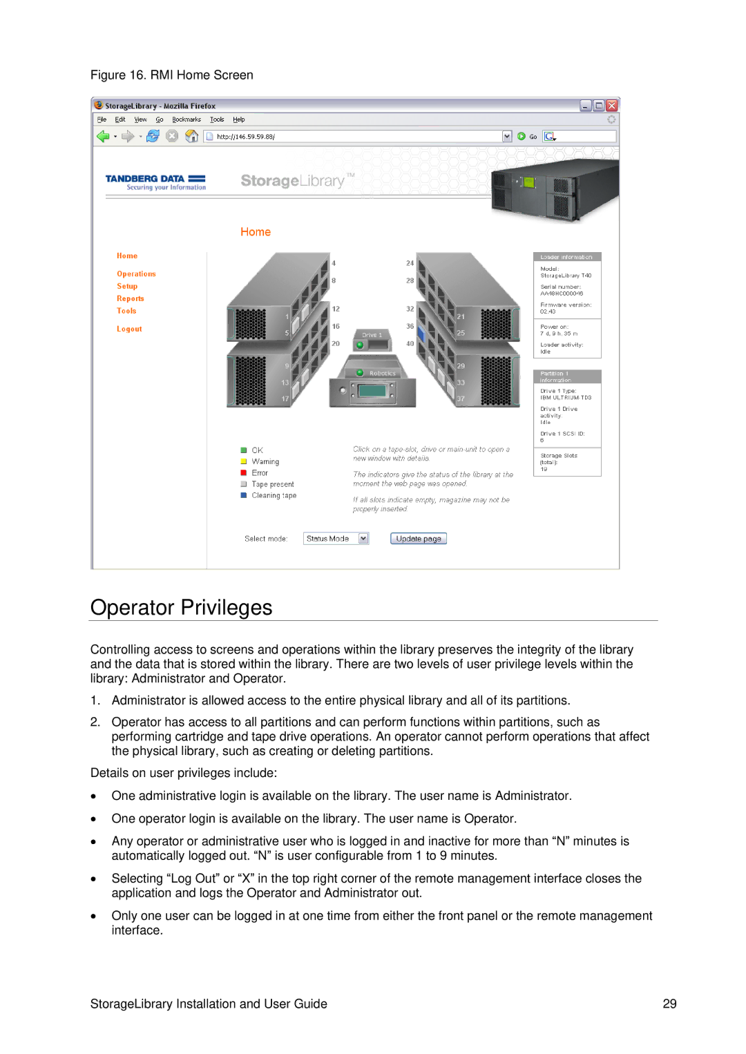 Tandberg Data T40 manual Operator Privileges, RMI Home Screen 