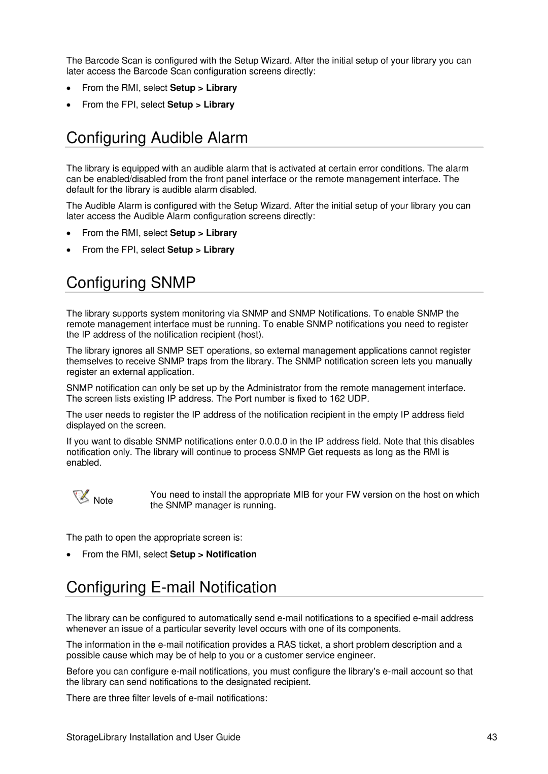 Tandberg Data T40 manual Configuring Audible Alarm, Configuring Snmp, Configuring E-mail Notification 