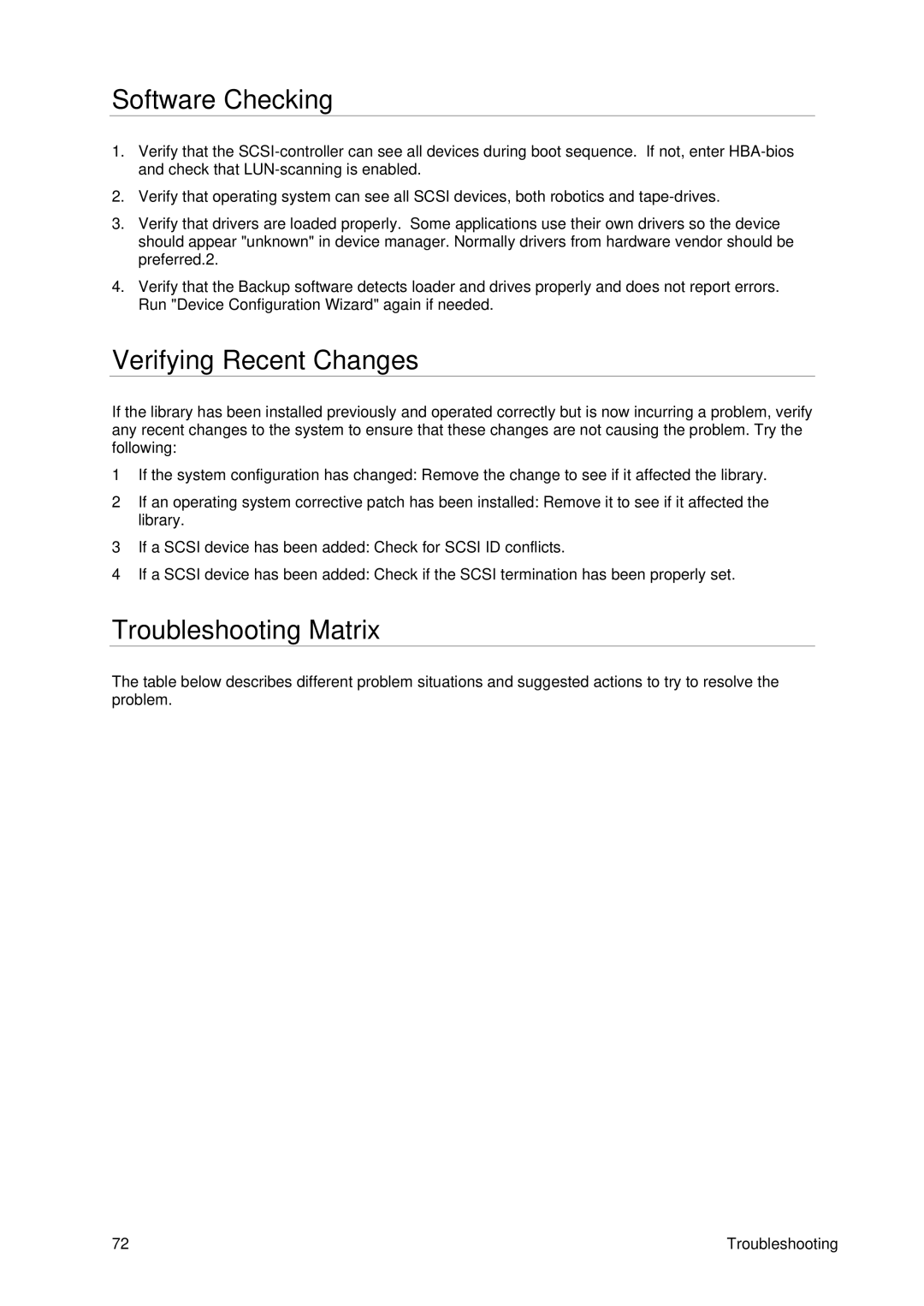 Tandberg Data T40 manual Software Checking, Verifying Recent Changes, Troubleshooting Matrix 