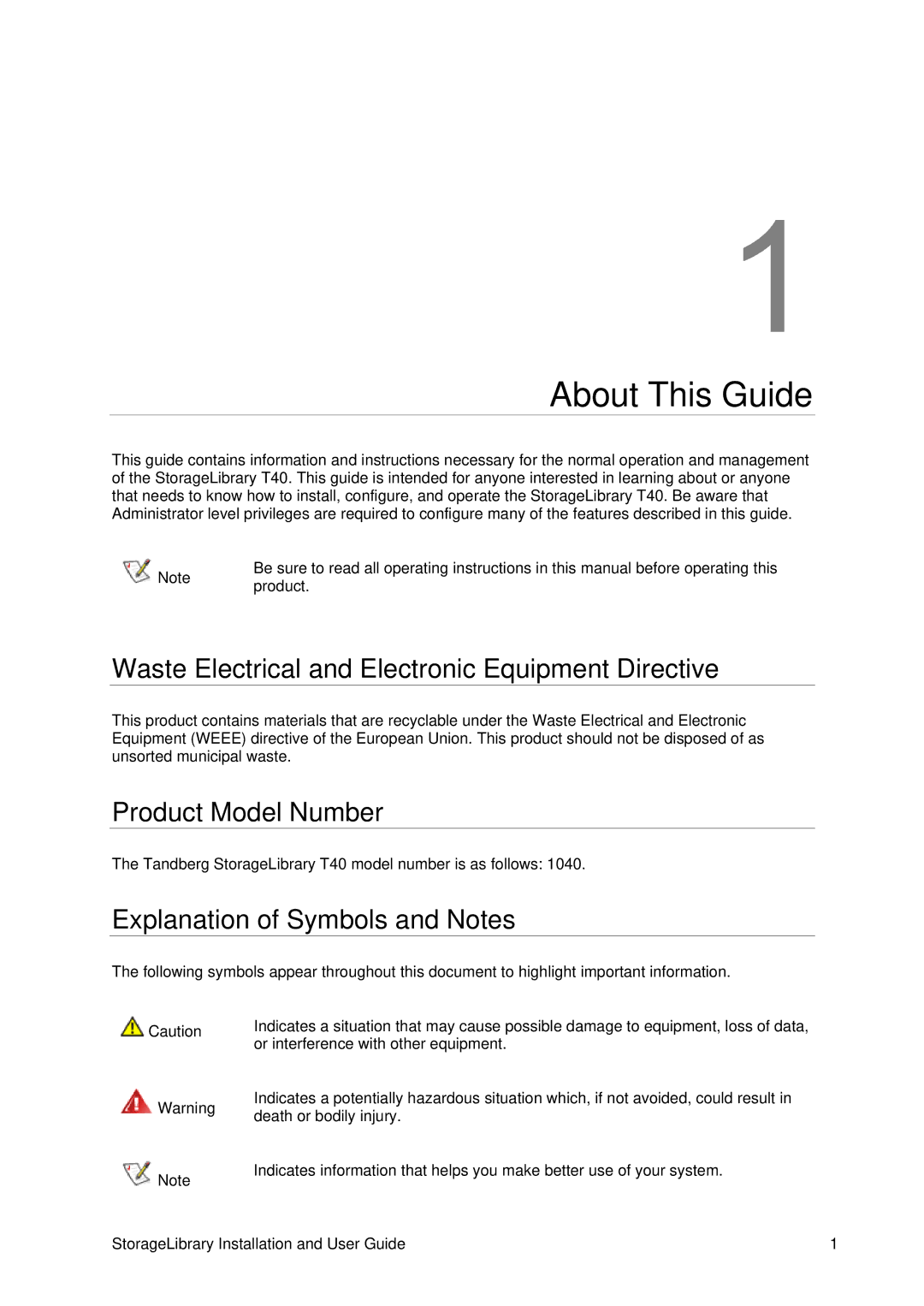 Tandberg Data T40 manual About This Guide, Waste Electrical and Electronic Equipment Directive, Product Model Number 