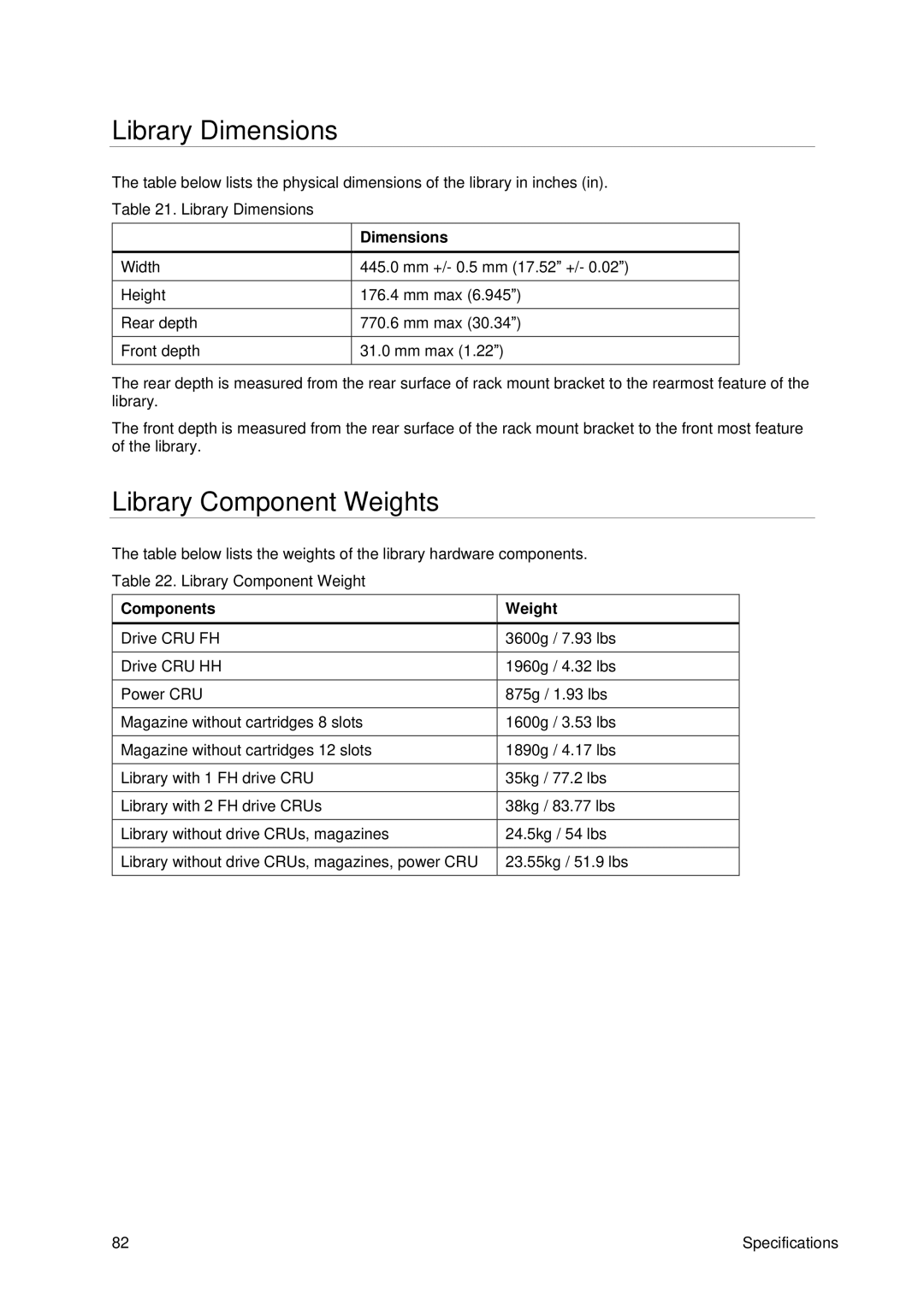 Tandberg Data T40 manual Library Dimensions, Library Component Weights, Components 