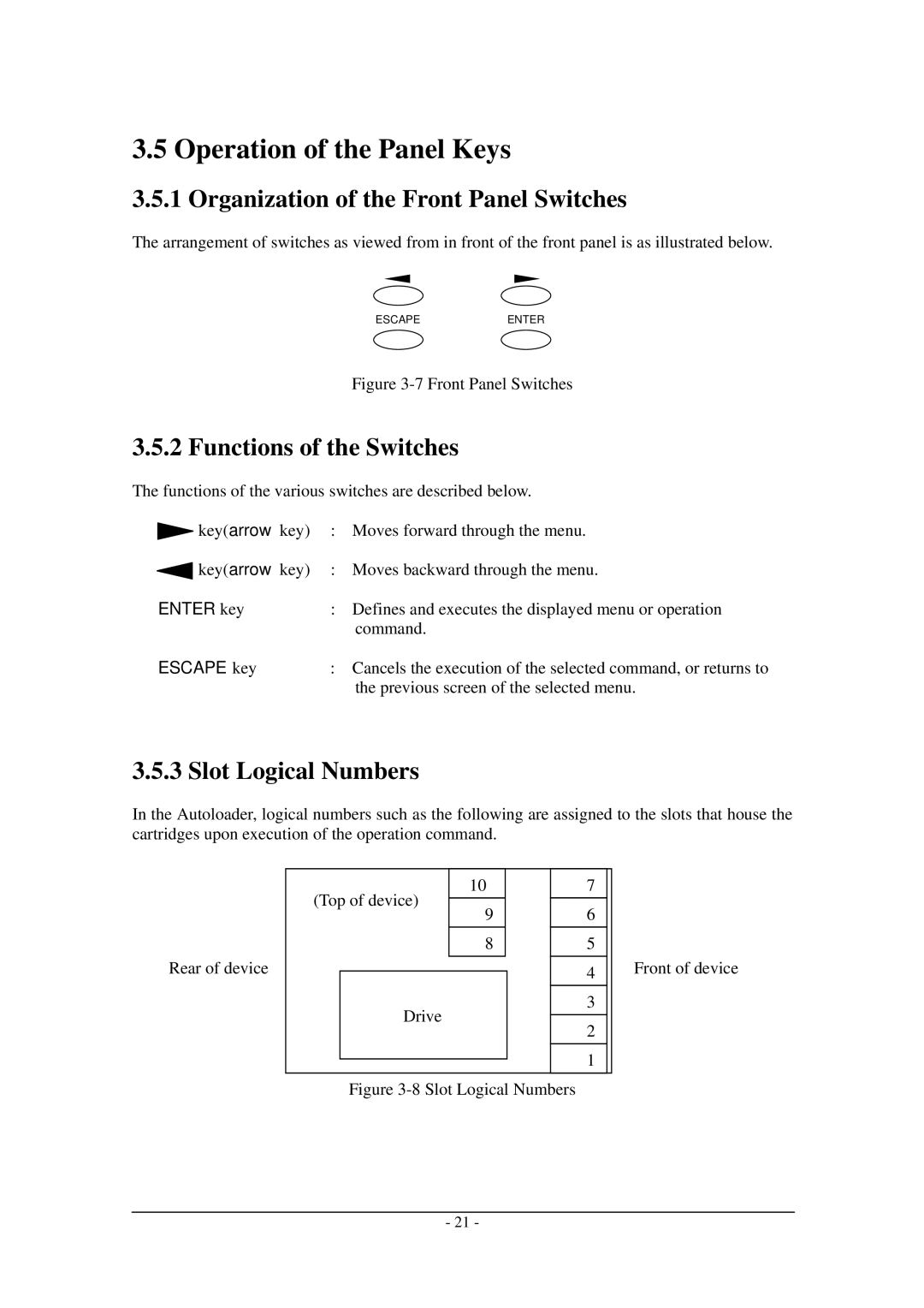 Tandberg Data Tandberg LTO2 Operation of the Panel Keys, Organization of the Front Panel Switches, Slot Logical Numbers 