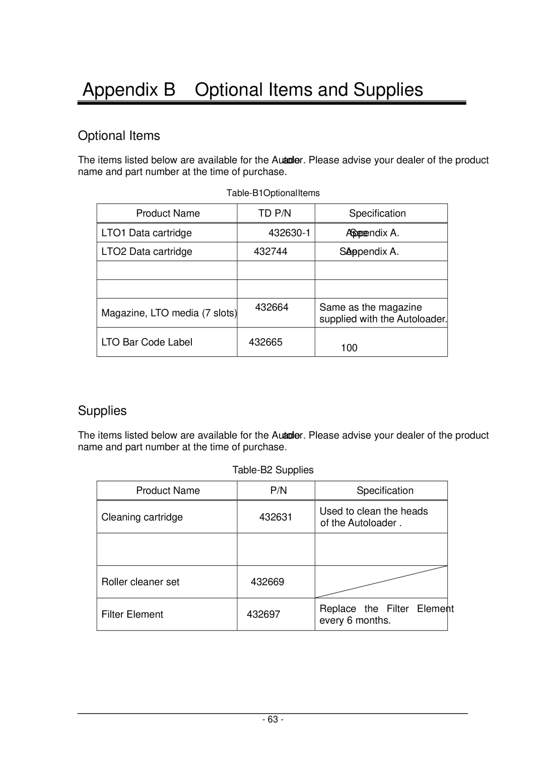 Tandberg Data Tandberg LTO2 manual Appendix B Optional Items and Supplies 