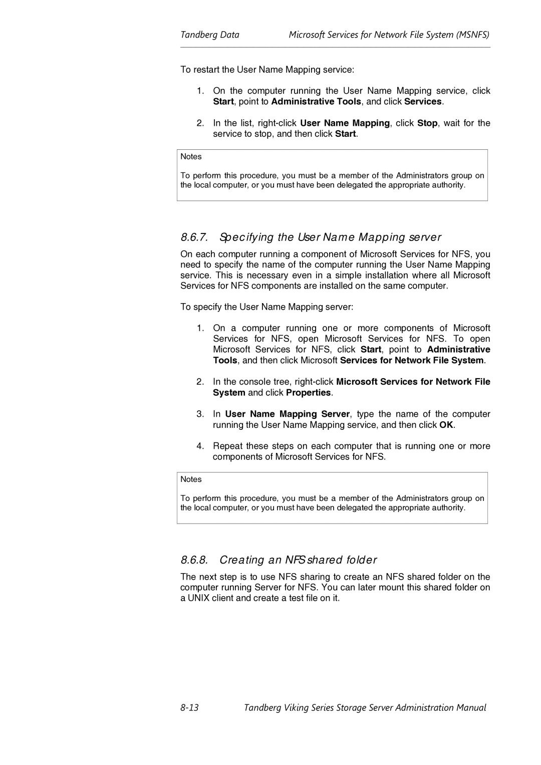 Tandberg Data Viking FS-1500, Viking FS-1600 manual Specifying the User Name Mapping server, Creating an NFS shared folder 