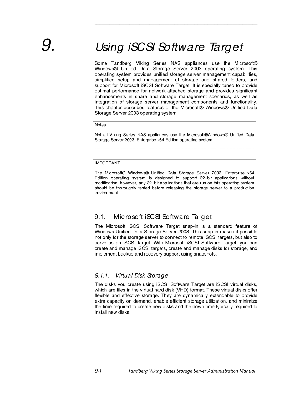 Tandberg Data Viking FS-1600, Viking FS-1500, Viking FS-412 manual Microsoft iSCSI Software Target, Virtual Disk Storage 