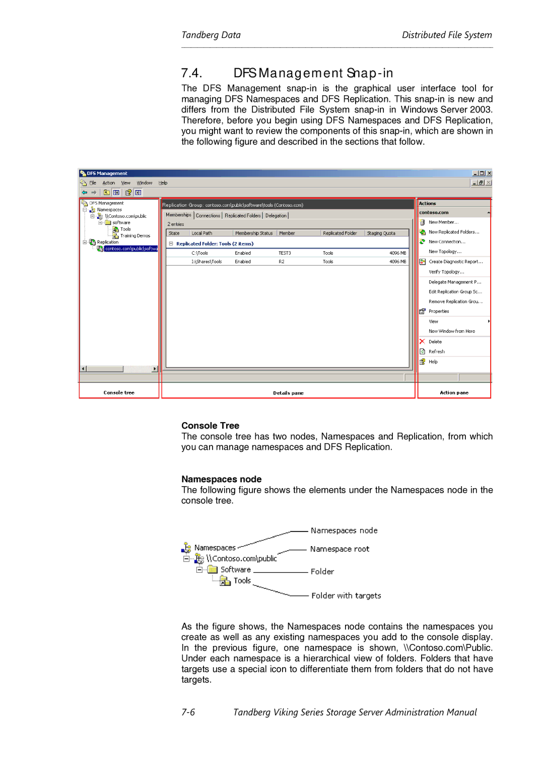 Tandberg Data Viking FS-1600, Viking FS-1500, Viking FS-412 manual DFS Management Snap-in, Console Tree, Namespaces node 