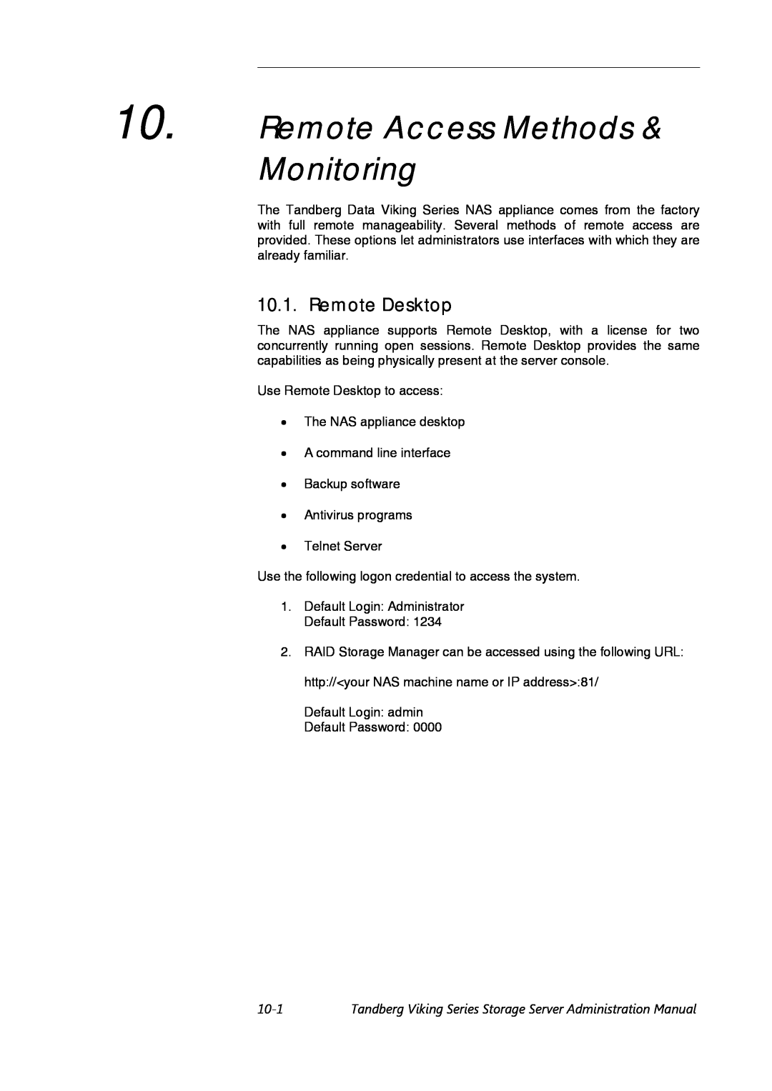 Tandberg Data Viking FS-412, Viking FS-1600, Viking FS-1500 manual Remote Access Methods & Monitoring, Remote Desktop, 10-1 