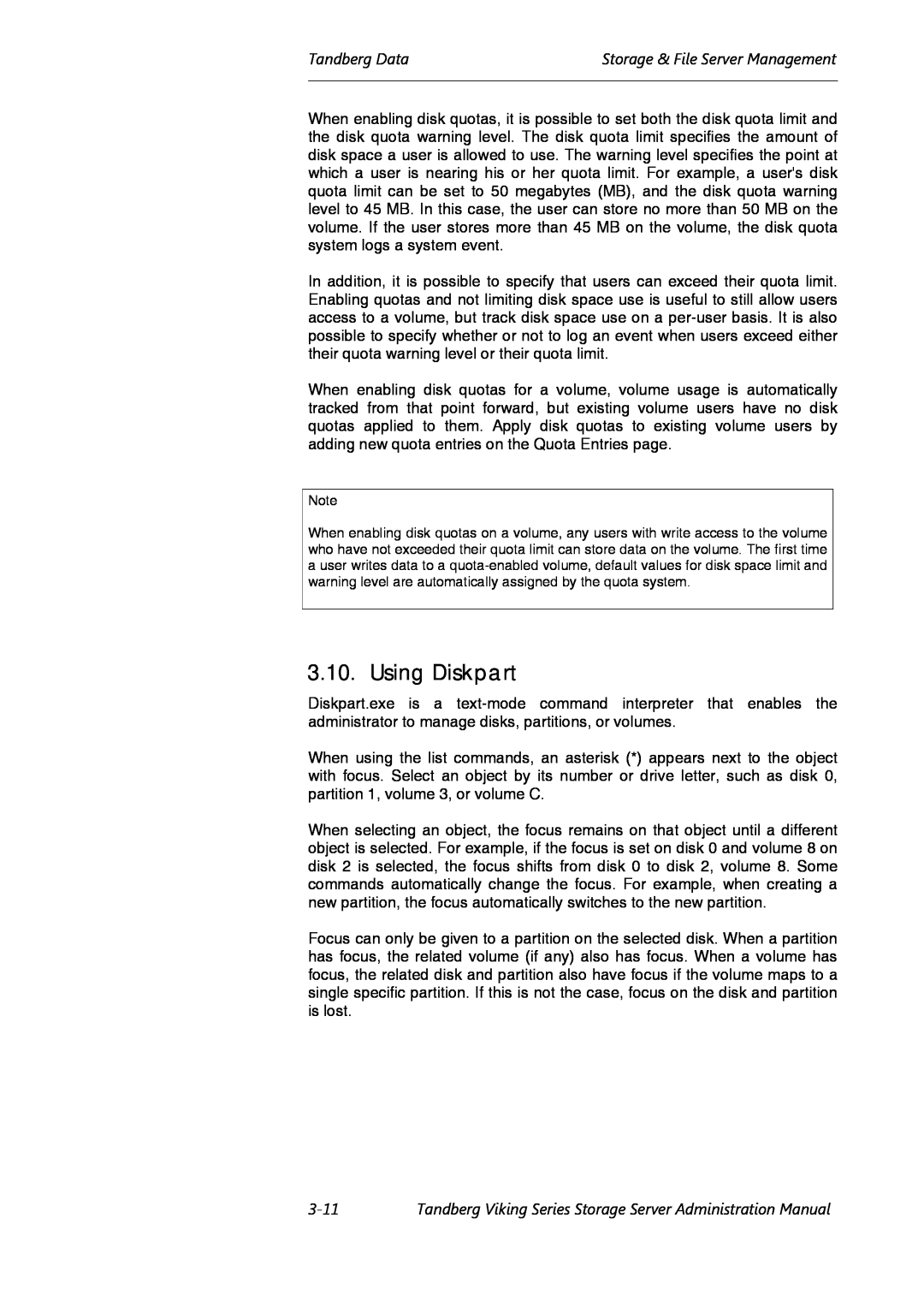 Tandberg Data Viking FS-1500, Viking FS-1600 manual Using Diskpart, Tandberg DataStorage & File Server Management, 3-11 