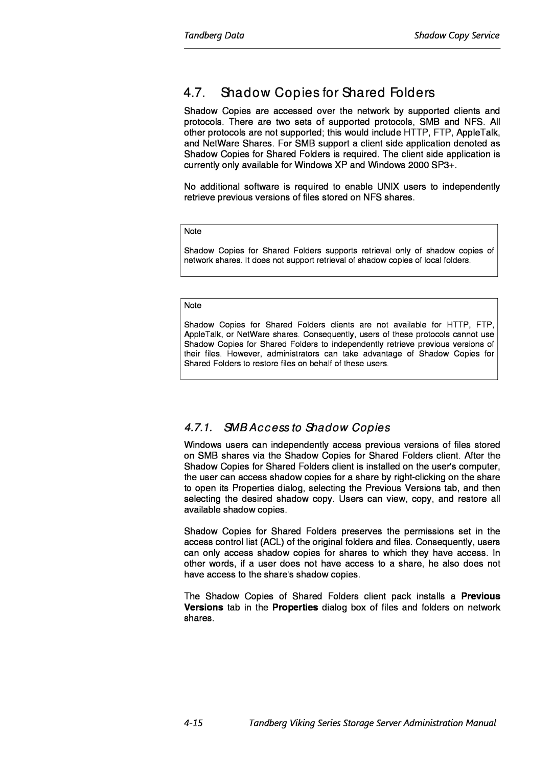 Tandberg Data Viking FS-412, Viking FS-1600 manual Shadow Copies for Shared Folders, SMB Access to Shadow Copies, 4-15 