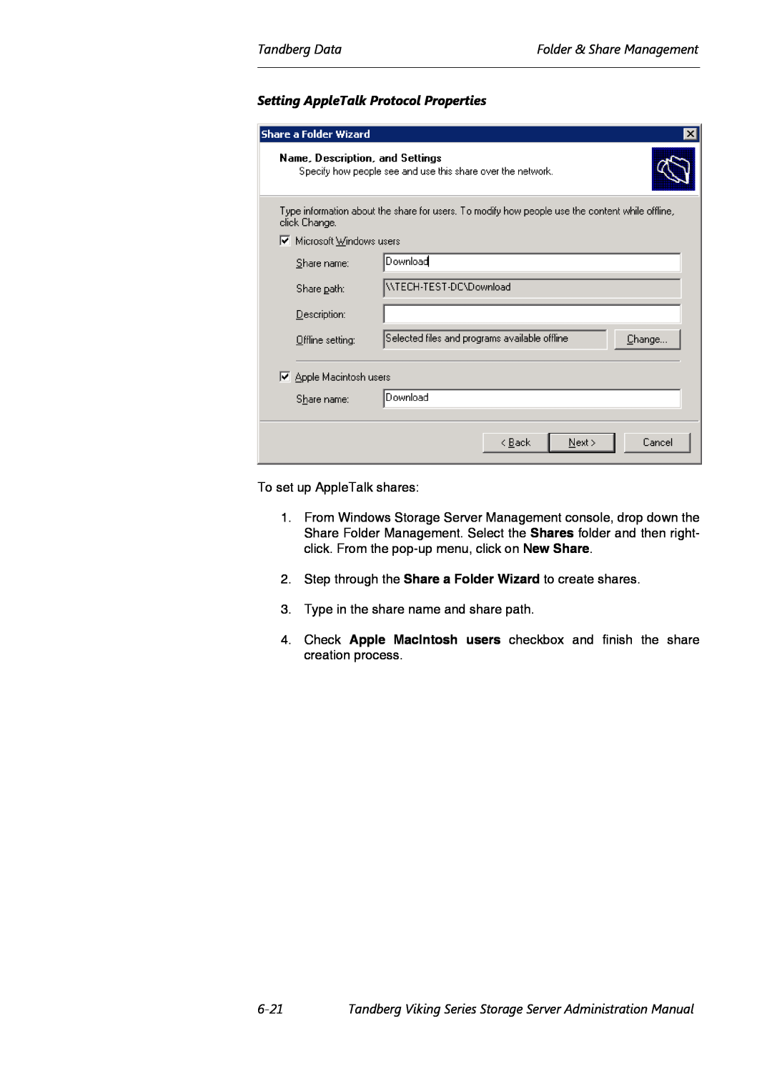 Tandberg Data Viking FS-1500 manual Setting AppleTalk Protocol Properties, 6-21, Tandberg DataFolder & Share Management 