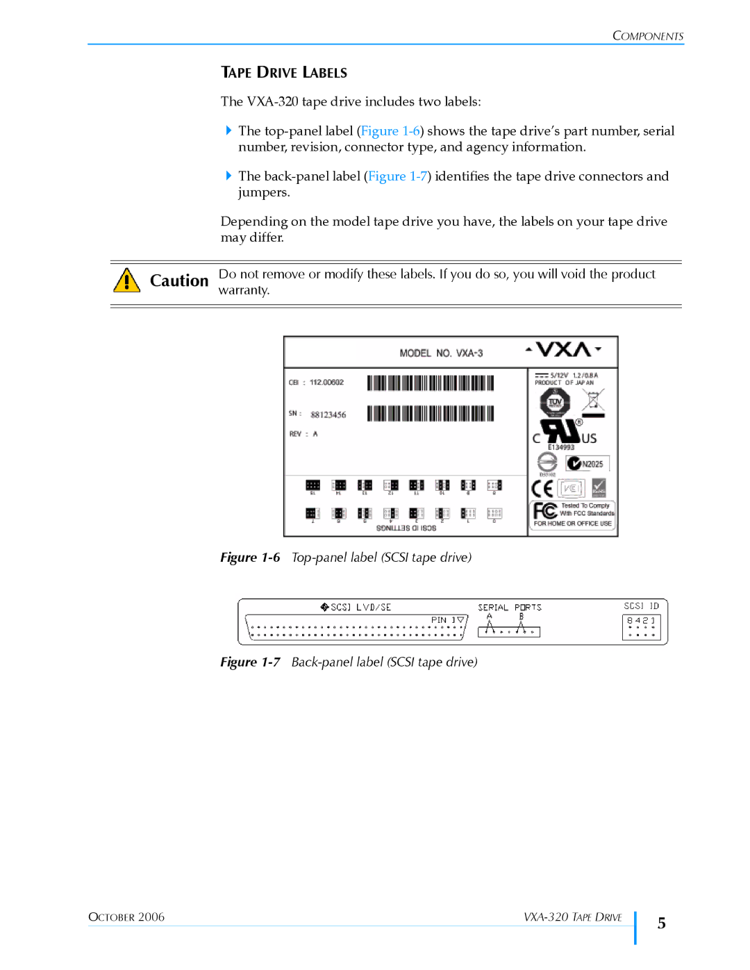 Tandberg Data VXA-320 (VXA-3) manual Tape Drive Labels, 6Top-panel label Scsi tape drive 