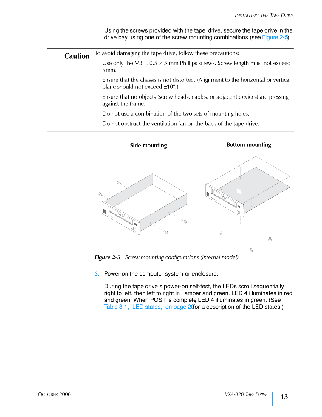 Tandberg Data VXA-320 (VXA-3) manual Side mounting, 5Screw mounting configurations internal model 