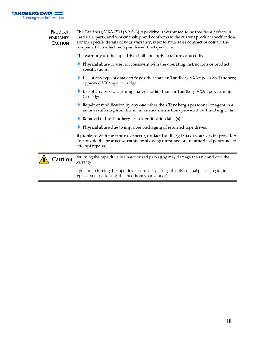 Tandberg Data VXA-320 (VXA-3) manual Iii 