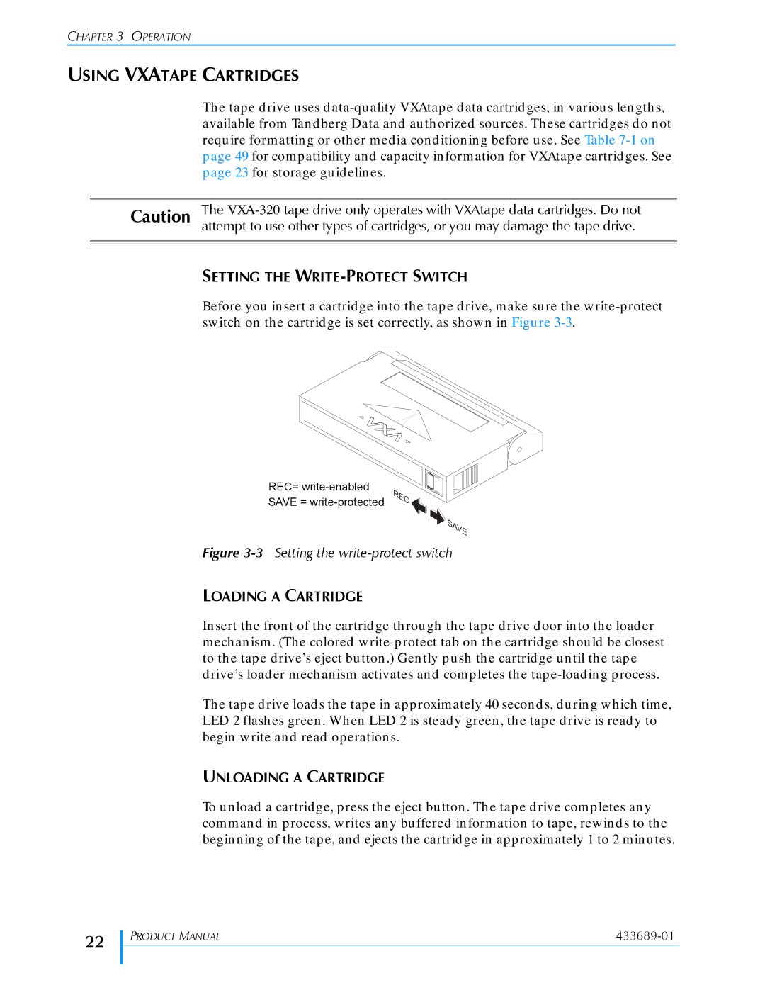 Tandberg Data VXA-320 (VXA-3) manual Using Vxatape Cartridges, Setting the WRITE-PROTECT Switch, Loading a Cartridge 