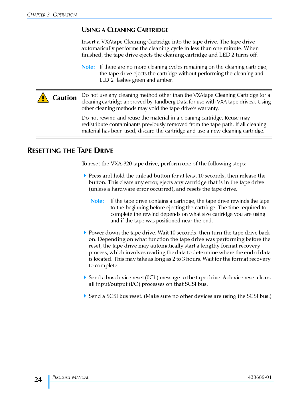 Tandberg Data VXA-320 (VXA-3) manual Resetting the Tape Drive, Using a Cleaning Cartridge, LED 2 flashes green and amber 