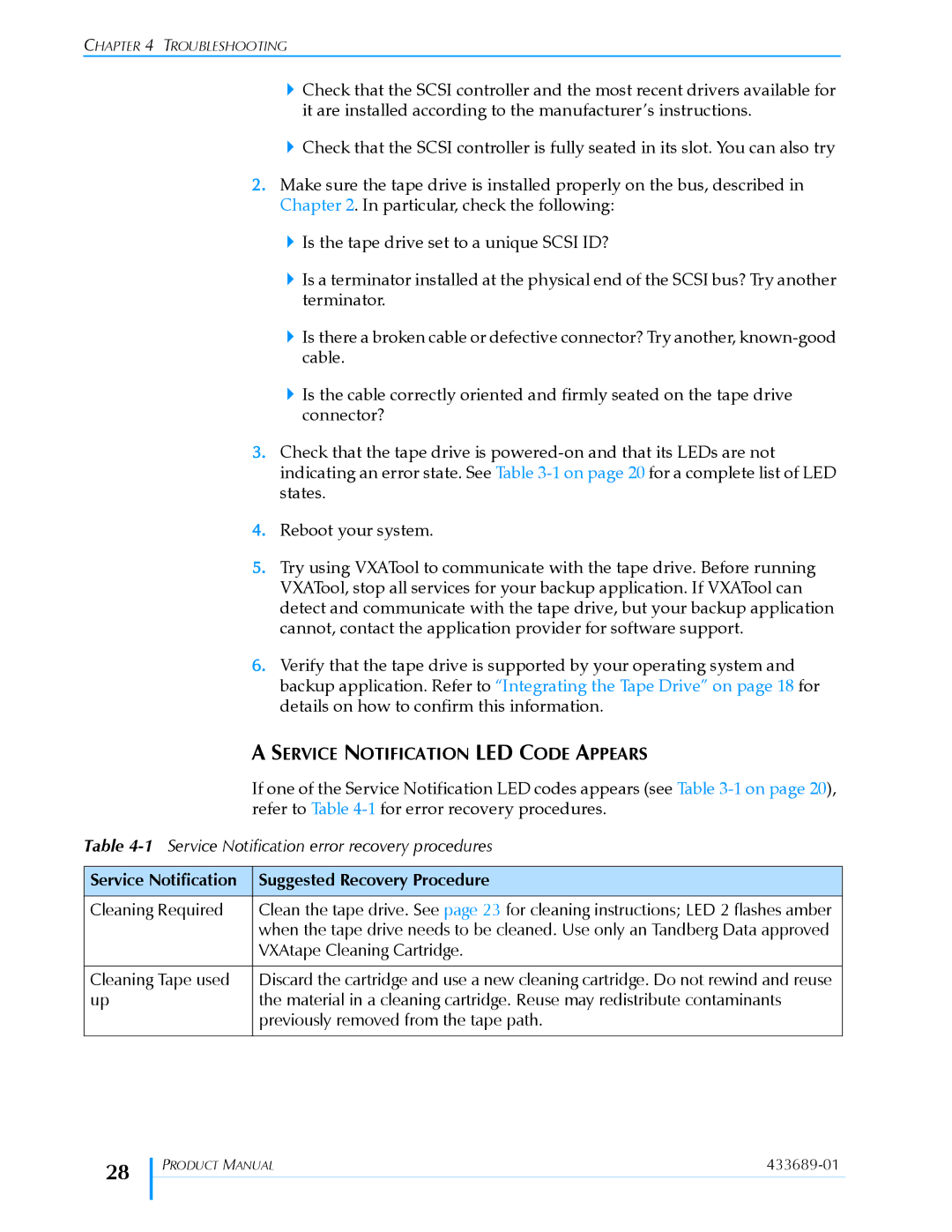 Tandberg Data VXA-320 (VXA-3) manual Service Notification LED Code Appears, Suggested Recovery Procedure 