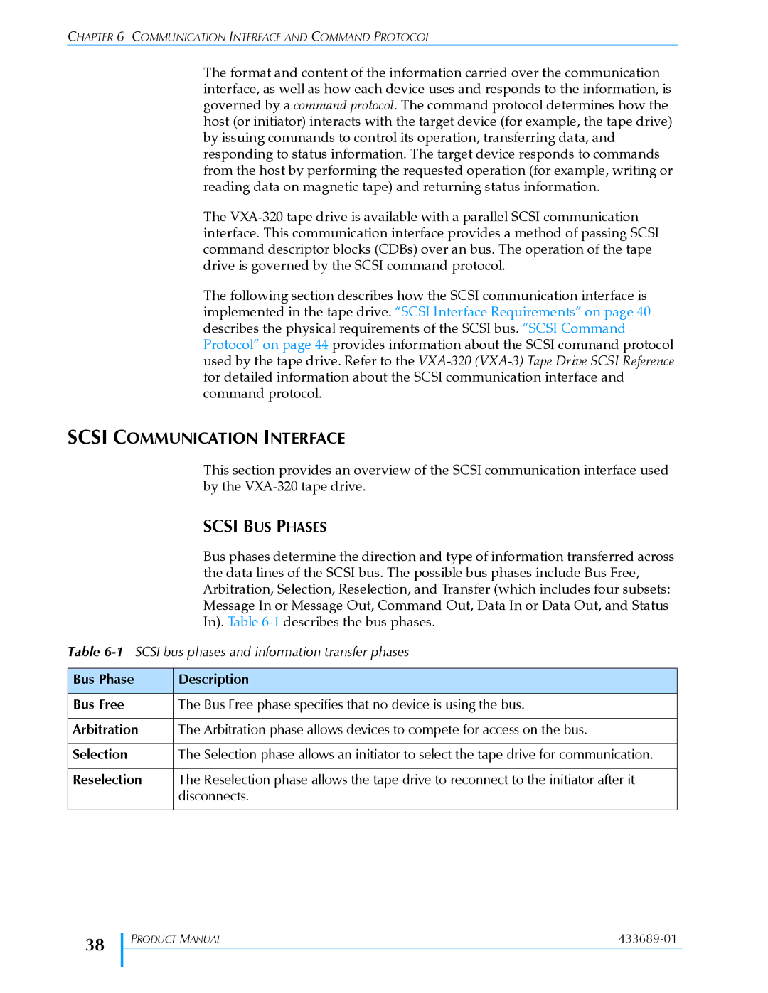 Tandberg Data VXA-320 (VXA-3) manual Scsi Communication Interface, Scsi BUS Phases 