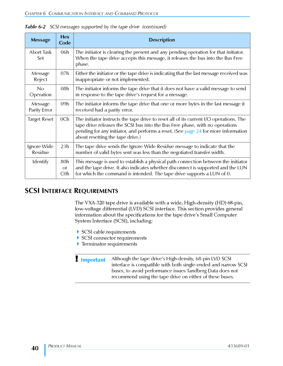 Tandberg Data VXA-320 (VXA-3) manual Scsi Interface Requirements 