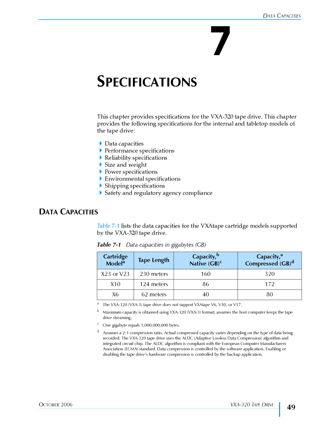 Tandberg Data VXA-320 (VXA-3) manual Specifications, Data Capacities 