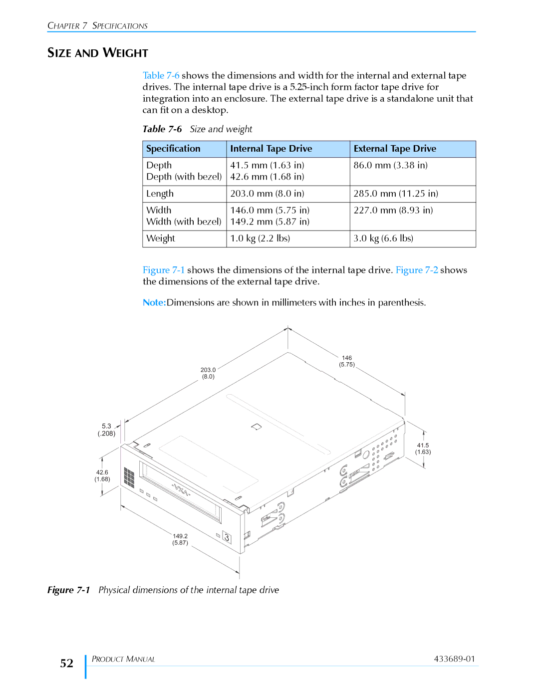 Tandberg Data VXA-320 (VXA-3) manual Size and Weight, Specification Internal Tape Drive External Tape Drive 