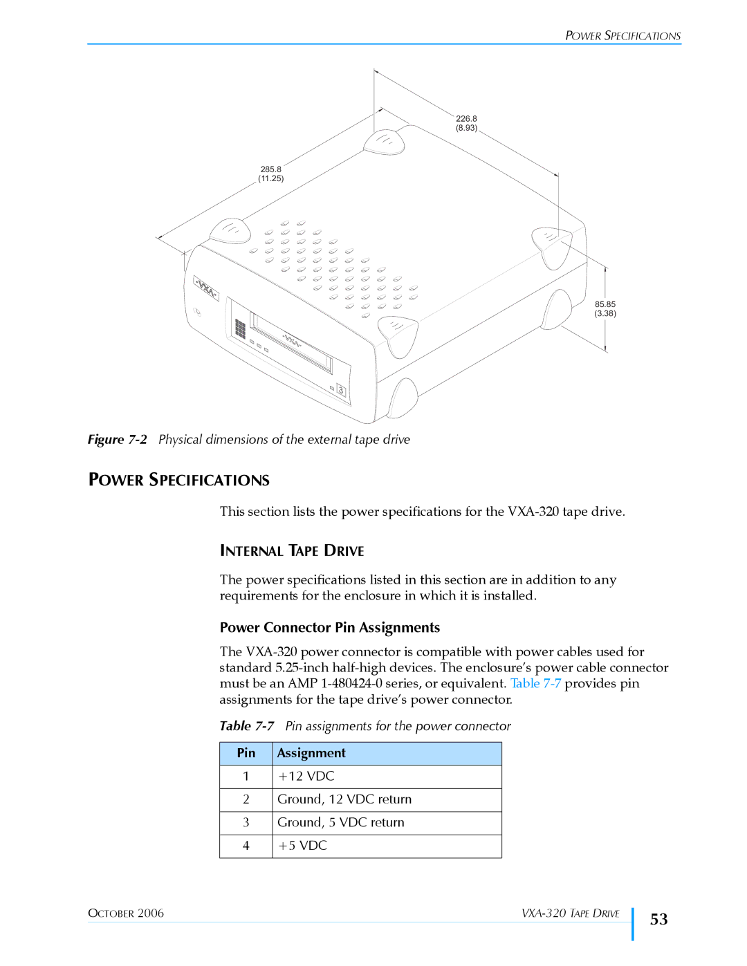 Tandberg Data VXA-320 (VXA-3) manual Power Specifications, Power Connector Pin Assignments 