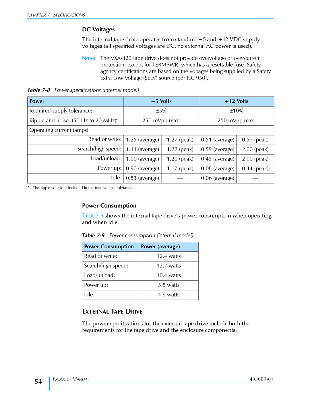 Tandberg Data VXA-320 (VXA-3) manual DC Voltages, Power +5 Volts +12 Volts, Power Consumption Power average 