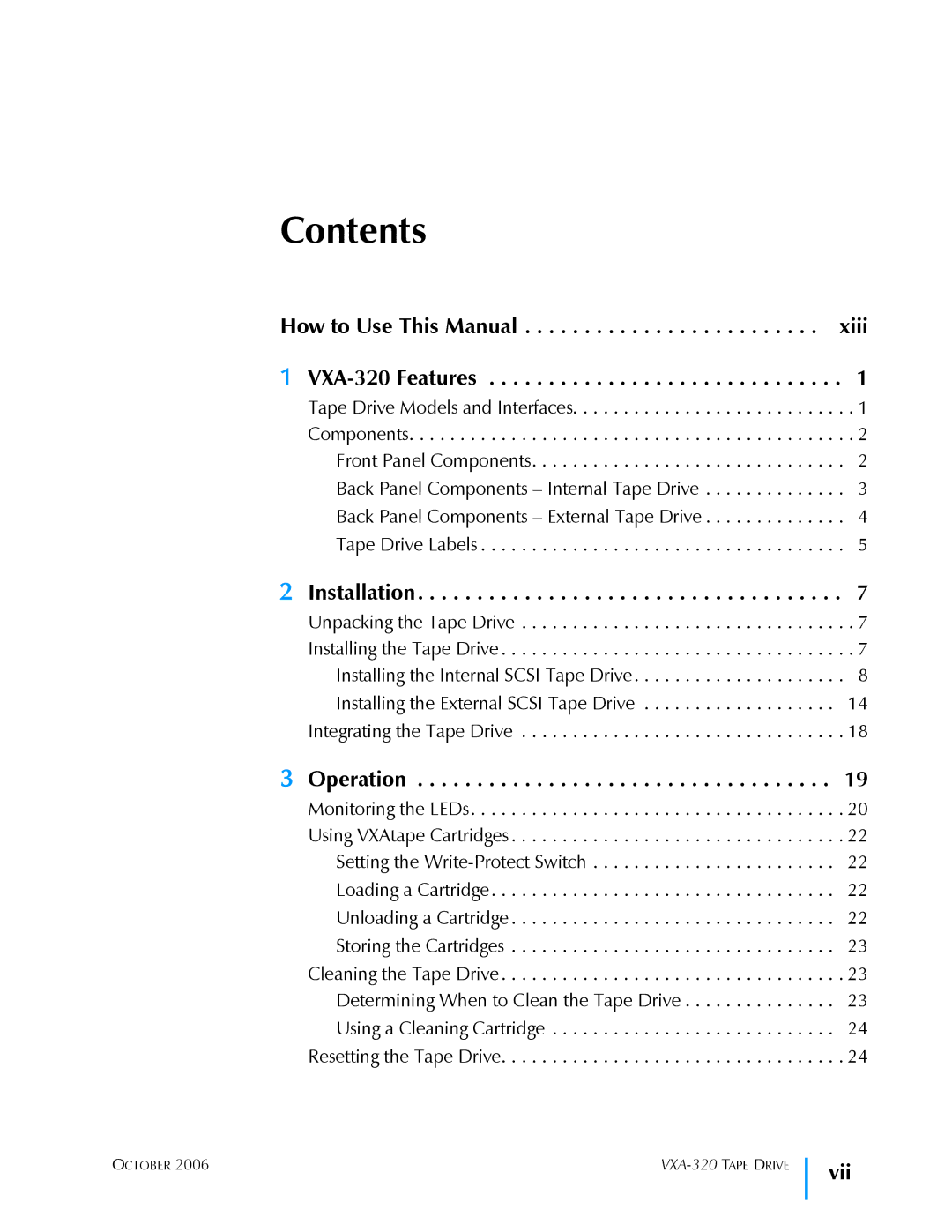 Tandberg Data VXA-320 (VXA-3) manual Contents 