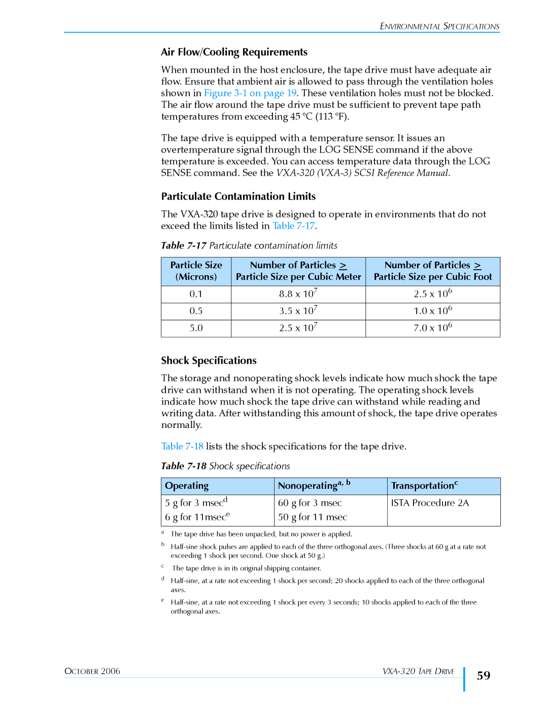 Tandberg Data VXA-320 (VXA-3) manual Air Flow/Cooling Requirements, Particulate Contamination Limits, Shock Specifications 