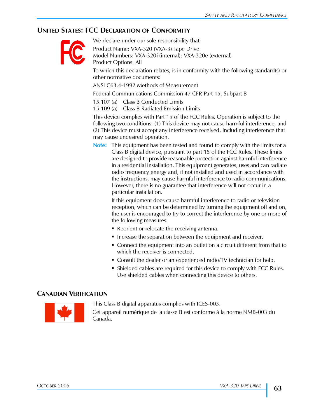 Tandberg Data VXA-320 (VXA-3) manual United States FCC Declaration of Conformity, Canadian Verification 