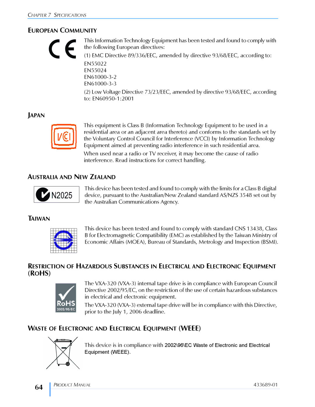 Tandberg Data VXA-320 (VXA-3) manual European Community, Japan, Australia and NEW Zealand, Taiwan 