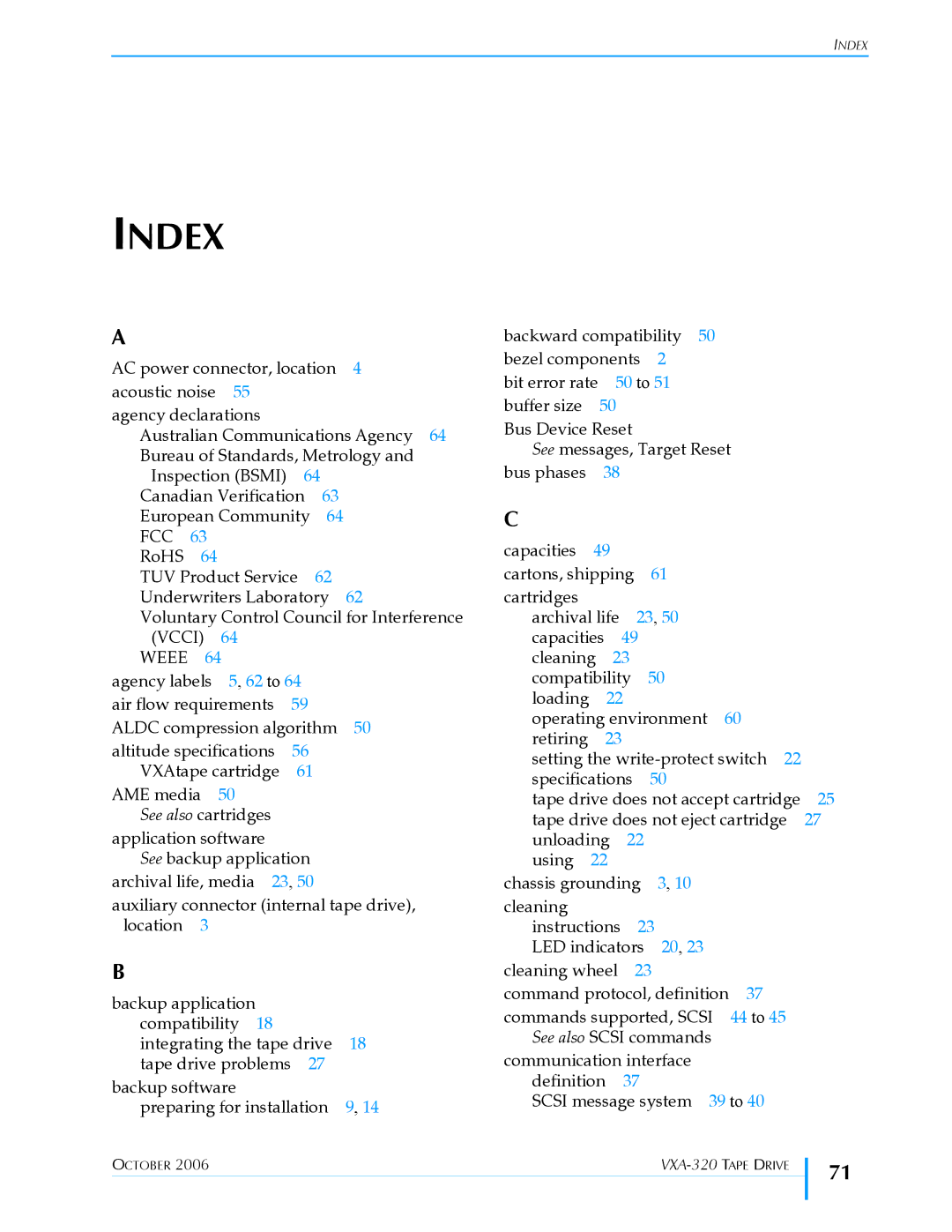 Tandberg Data VXA-320 (VXA-3) manual Index, Fcc 