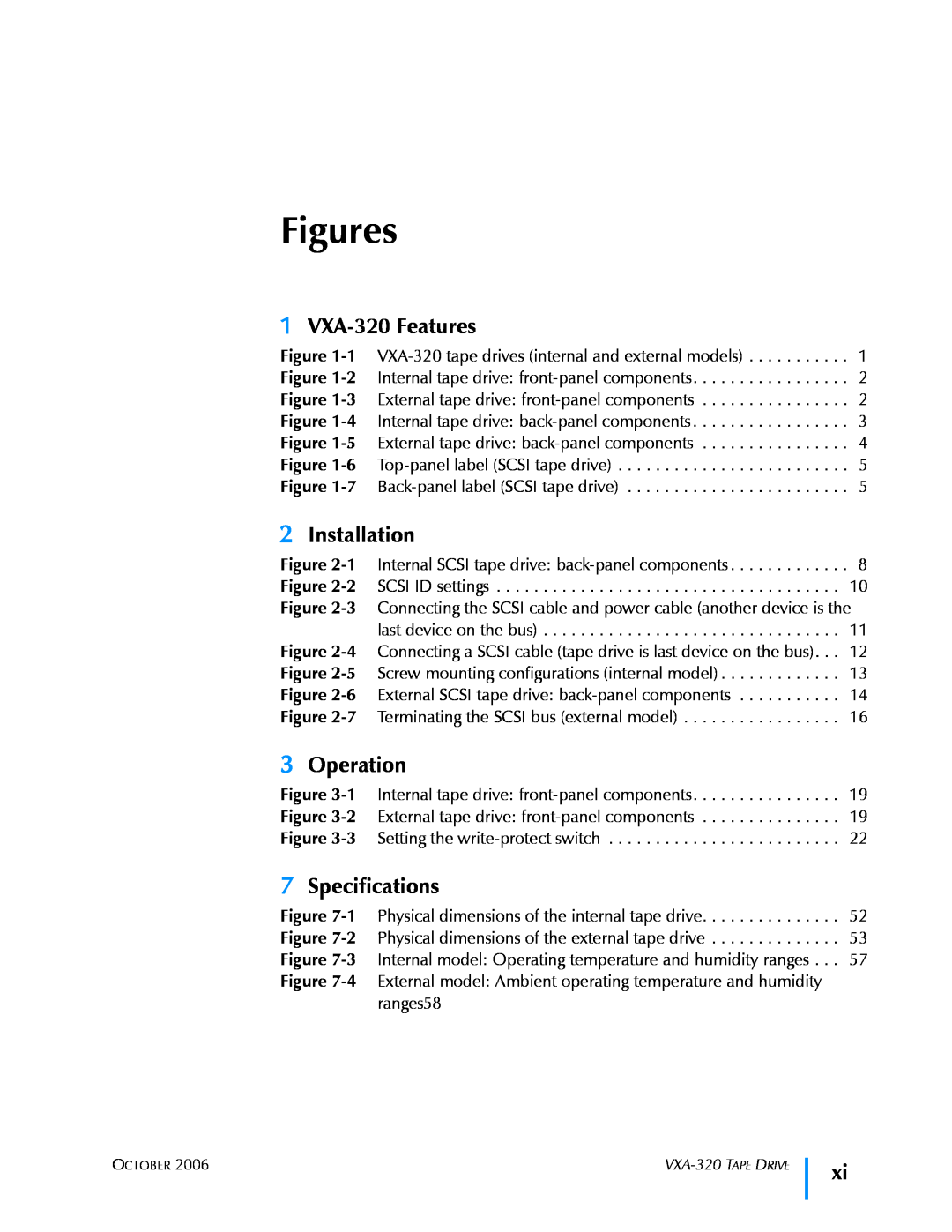 Tandberg Data VXA-320 (VXA-3) manual Figures, 1VXA-320Features, 2Installation, 3Operation, 7Specifications 