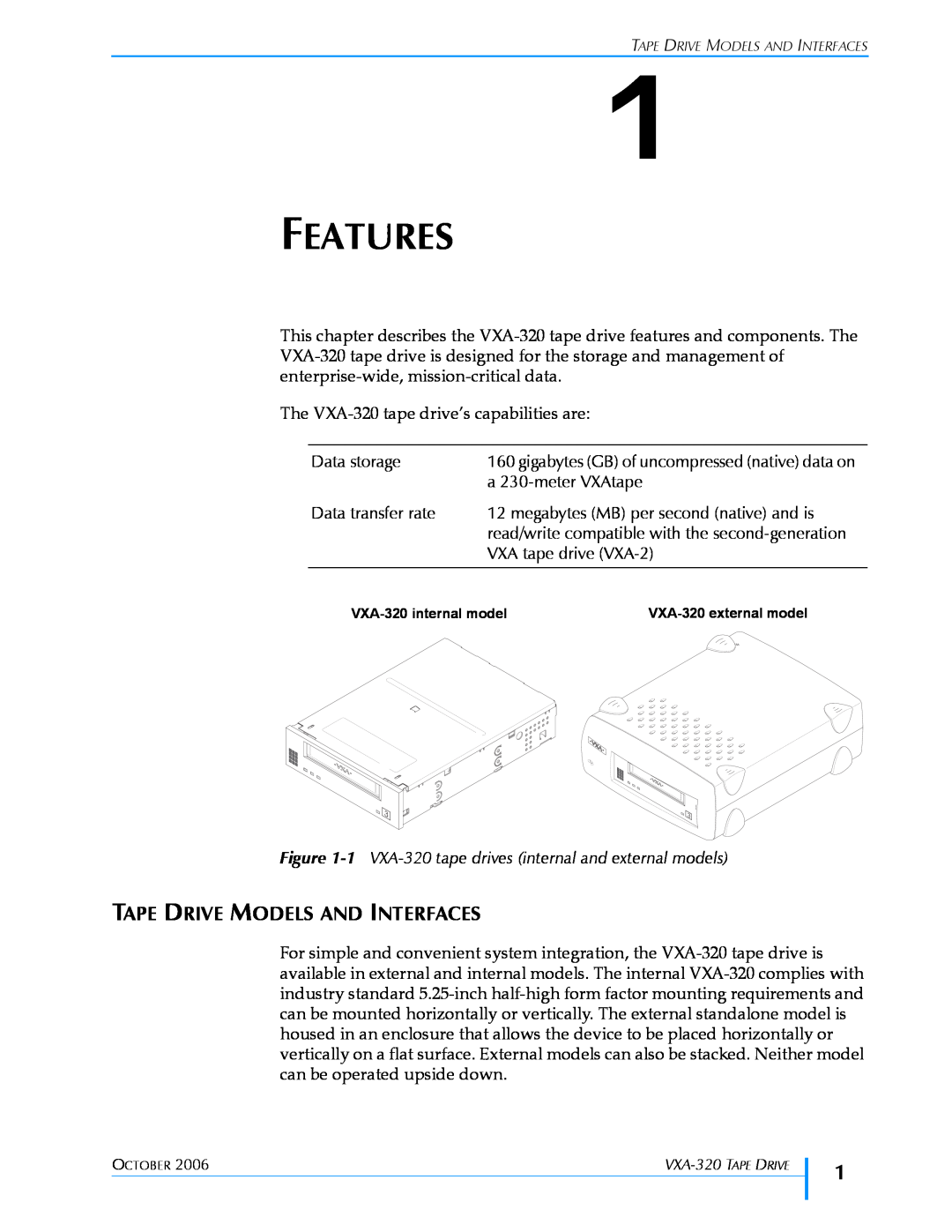 Tandberg Data VXA-320 (VXA-3) manual Features, Tape Drive Models And Interfaces 
