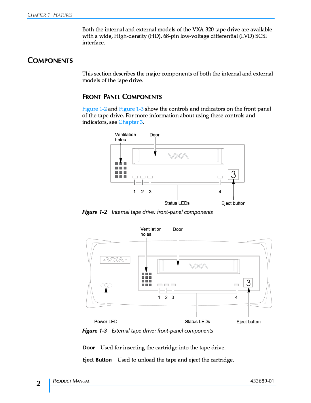 Tandberg Data VXA-320 (VXA-3) manual Front Panel Components 