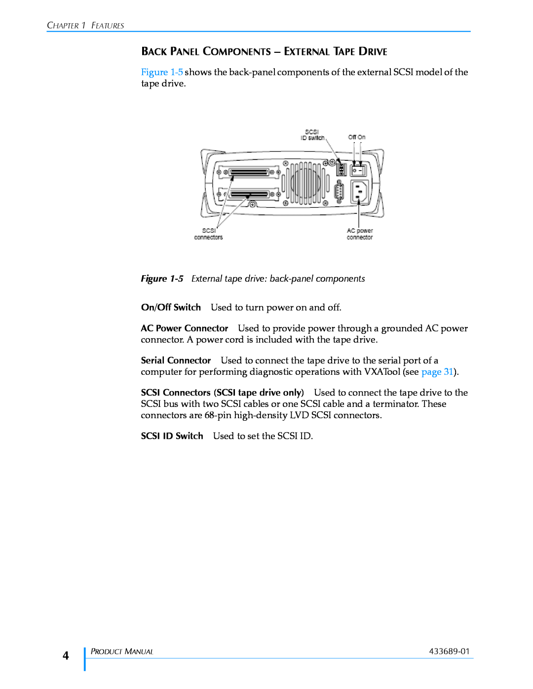 Tandberg Data VXA-320 (VXA-3) manual Back Panel Components – External Tape Drive 
