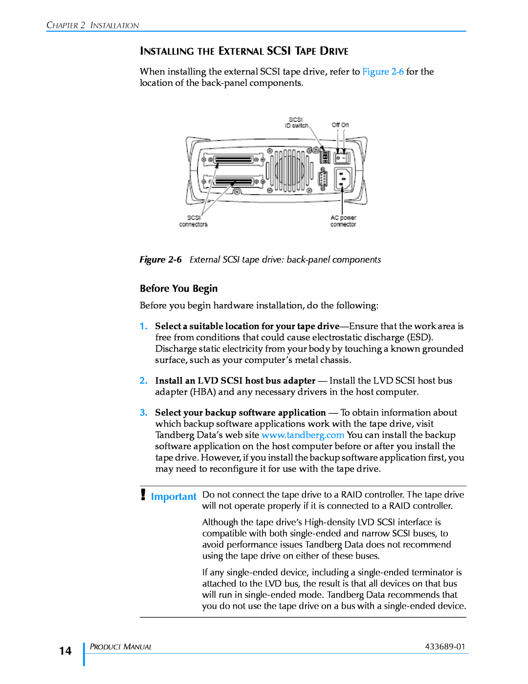 Tandberg Data VXA-320 (VXA-3) manual Before You Begin, Installing The External Scsi Tape Drive 