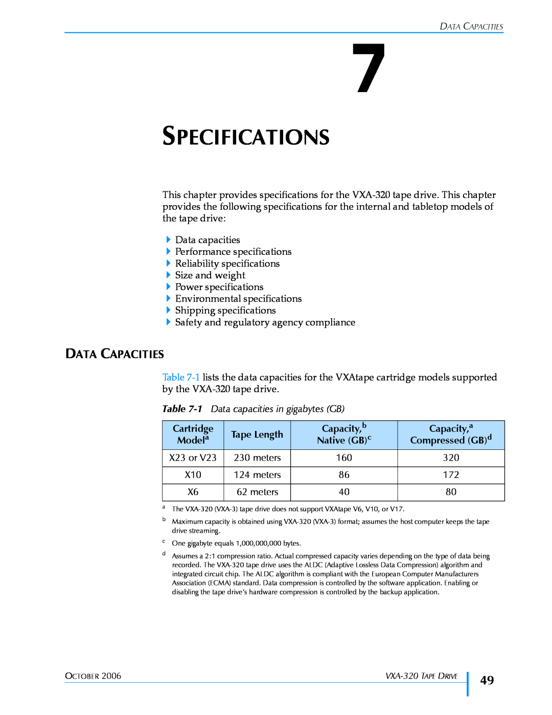 Tandberg Data VXA-320 (VXA-3) manual Specifications, Data Capacities 