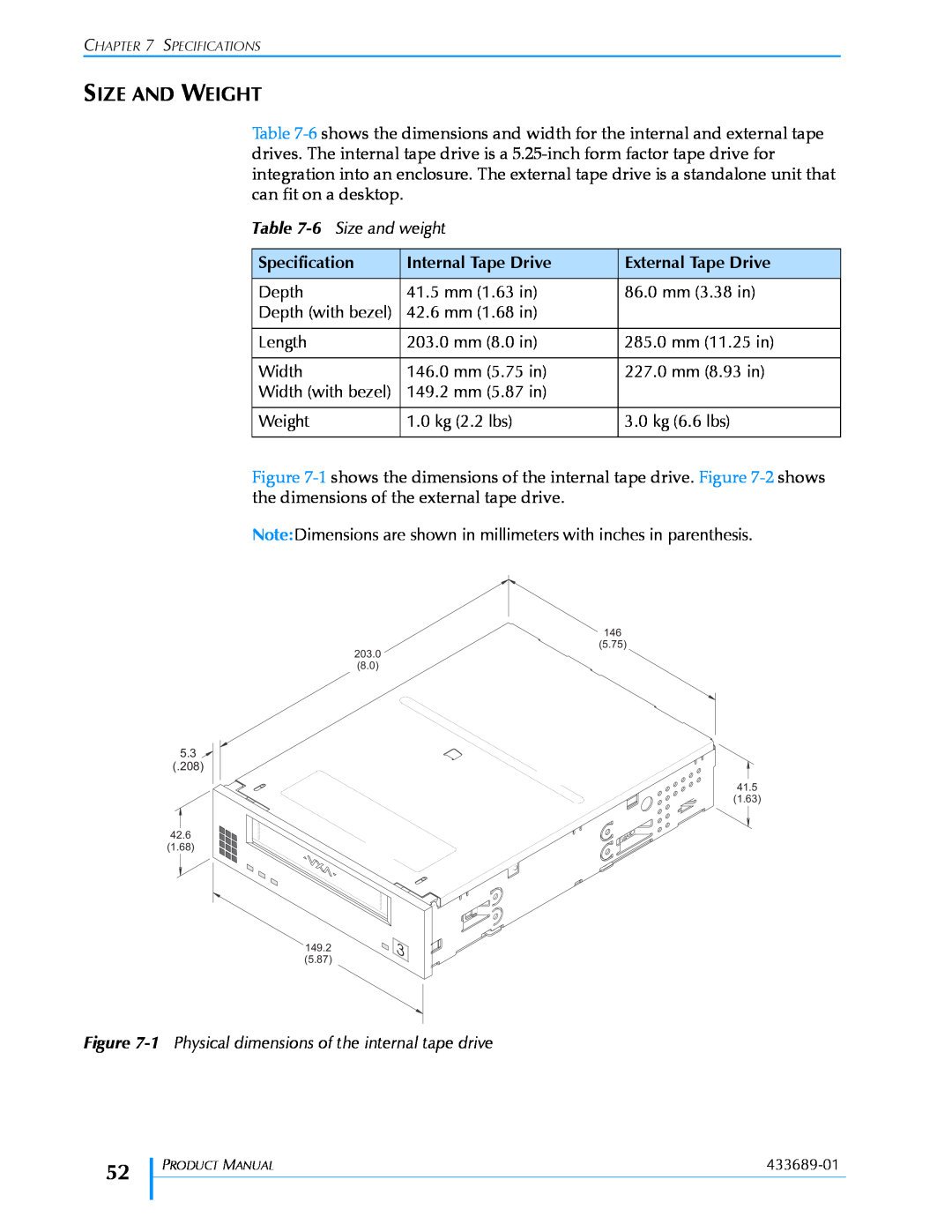 Tandberg Data VXA-320 (VXA-3) manual Size And Weight, Specification, Internal Tape Drive, External Tape Drive 