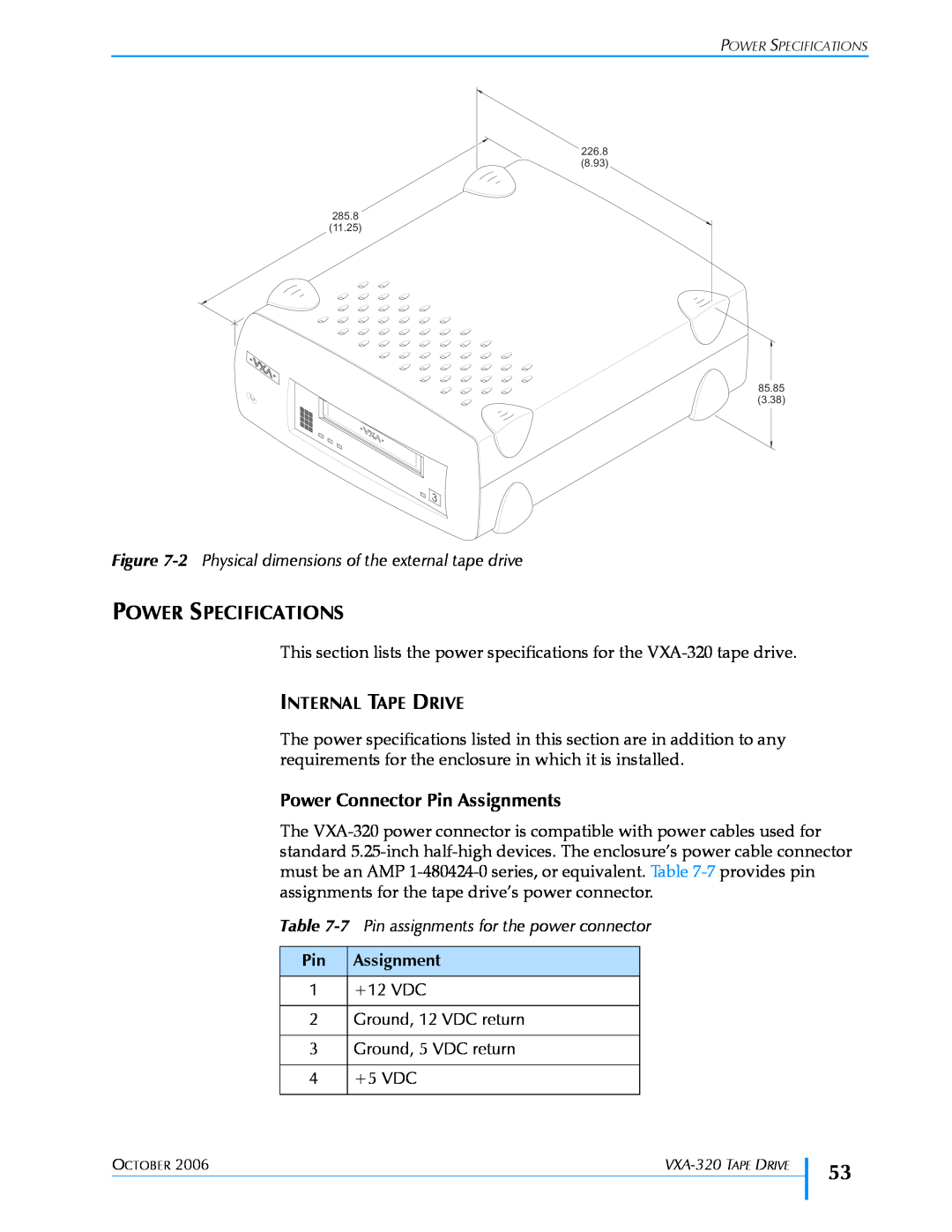 Tandberg Data VXA-320 (VXA-3) manual Power Specifications, Power Connector Pin Assignments, Internal Tape Drive 