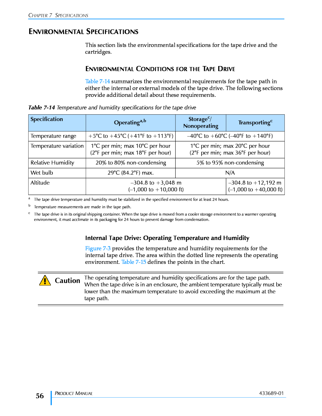 Tandberg Data VXA-320 (VXA-3) manual Environmental Specifications, Environmental Conditions For The Tape Drive 