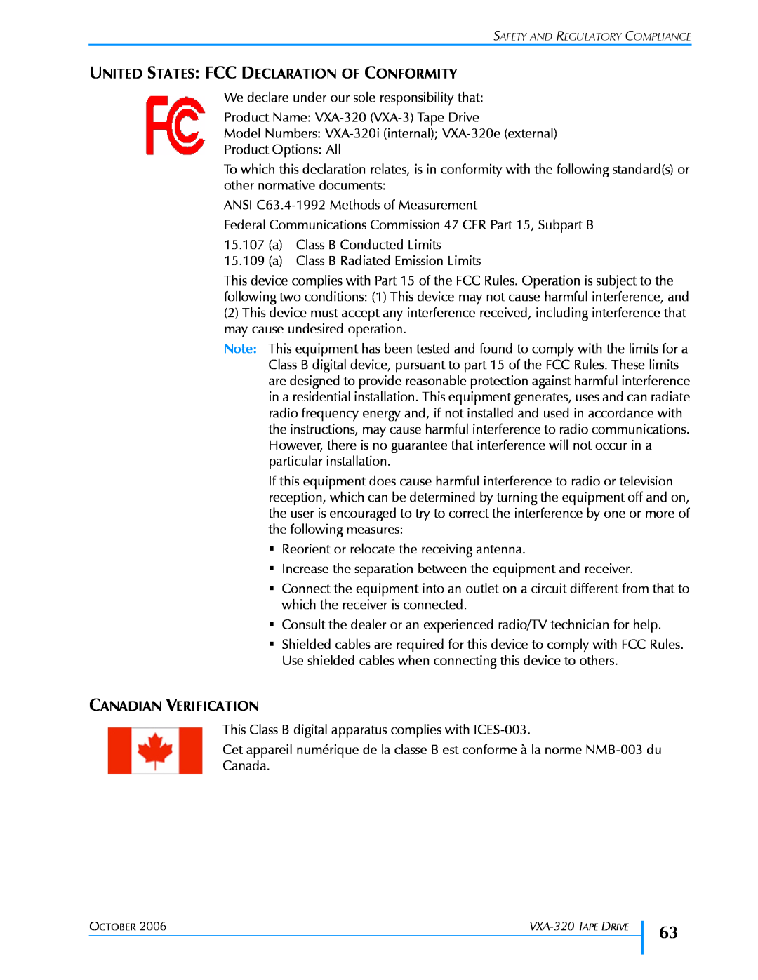 Tandberg Data VXA-320 (VXA-3) manual United States: Fcc Declaration Of Conformity, Canadian Verification 