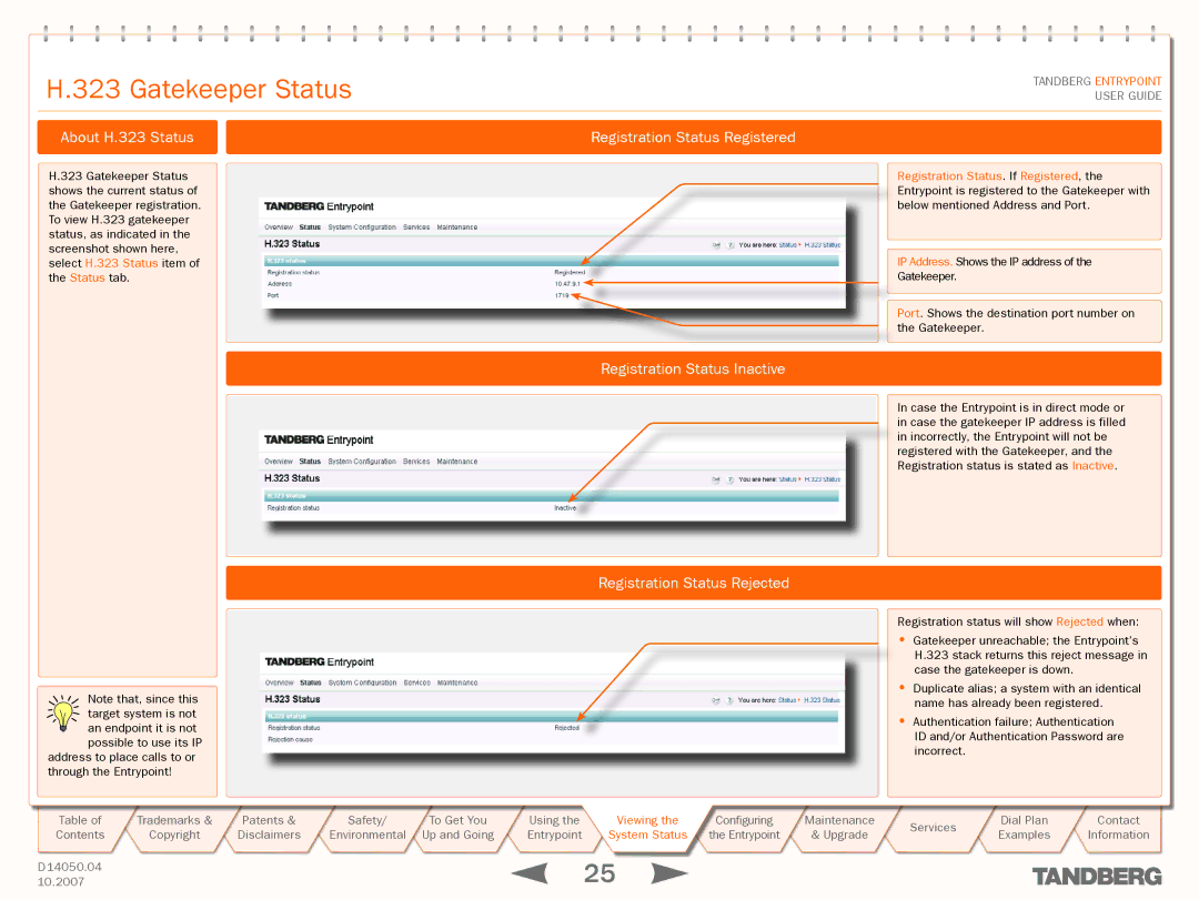 TANDBERG ENTRYPOINT Gatekeeper Status, About H.323 Status Registration Status Registered, Registration Status Inactive 