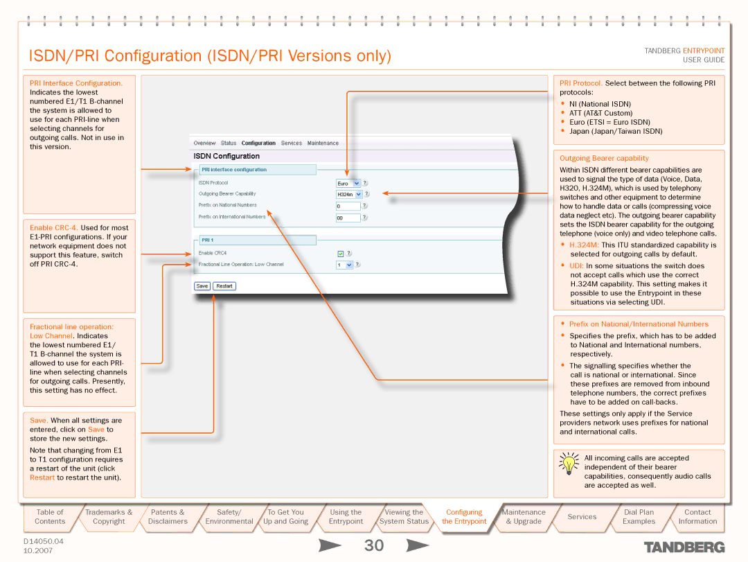 TANDBERG ENTRYPOINT manual ISDN/PRI Configuration ISDN/PRI Versions only, Outgoing Bearer capability 