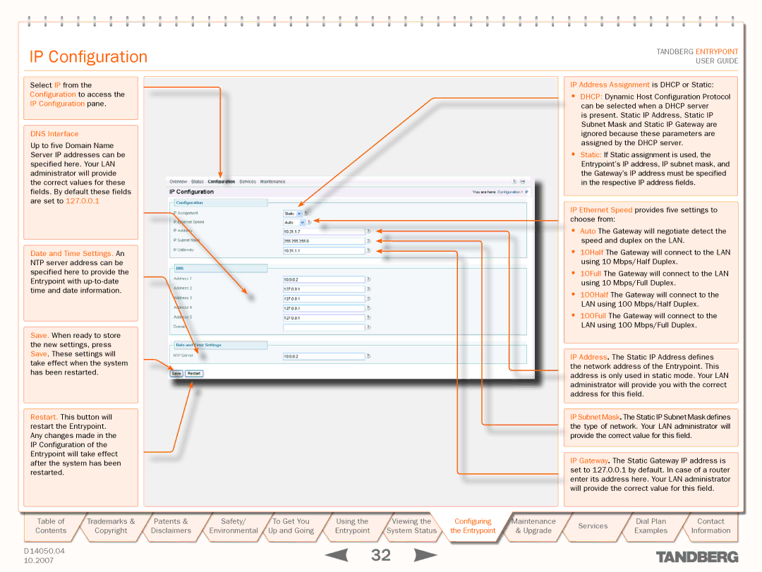 TANDBERG ENTRYPOINT manual IP Configuration, DNS Interface, IP Address Assignment is Dhcp or Static 