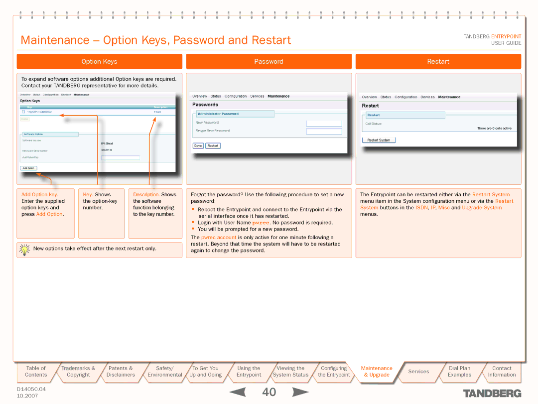 TANDBERG ENTRYPOINT Maintenance Option Keys, Password and Restart, Option Keys Password Restart, Add Option key Key. Shows 